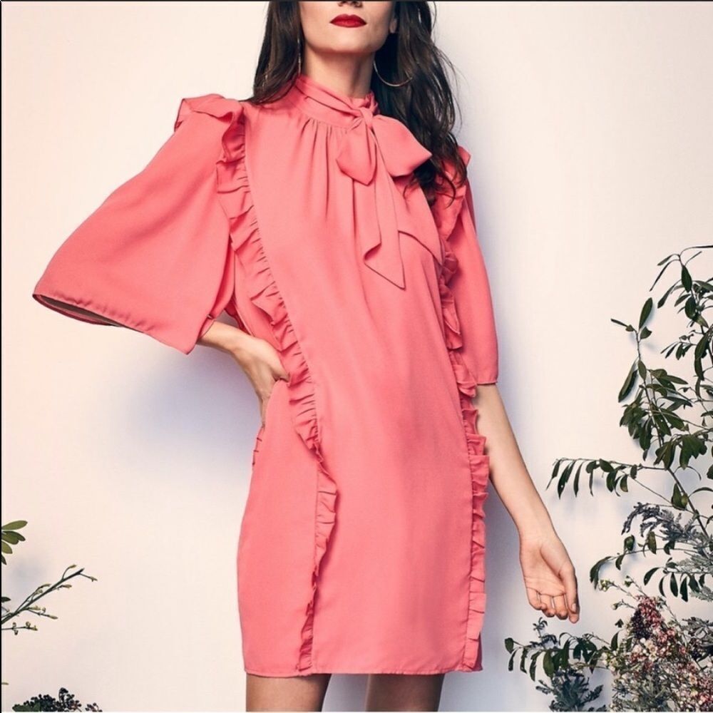 HAPPY X NATURE | Ruffle Tie Neck Dress Pink Coral Women’s Size Large
